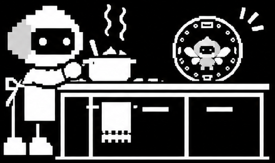 Pixel drawing of someone cooking next to the Yafa device